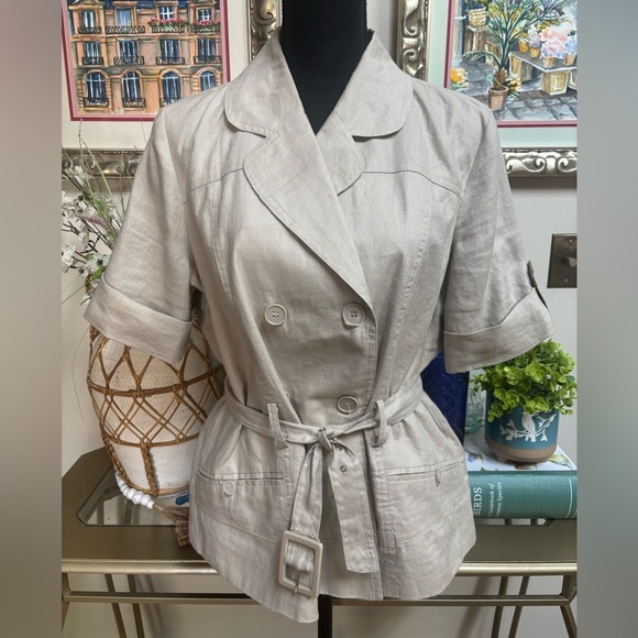 DAVID BROOKS LINEN TAN JACKET DOUBLE BREASTED SAFARI STYLE SHORT SLEEVE SIZE XL - Picture 10 of 10